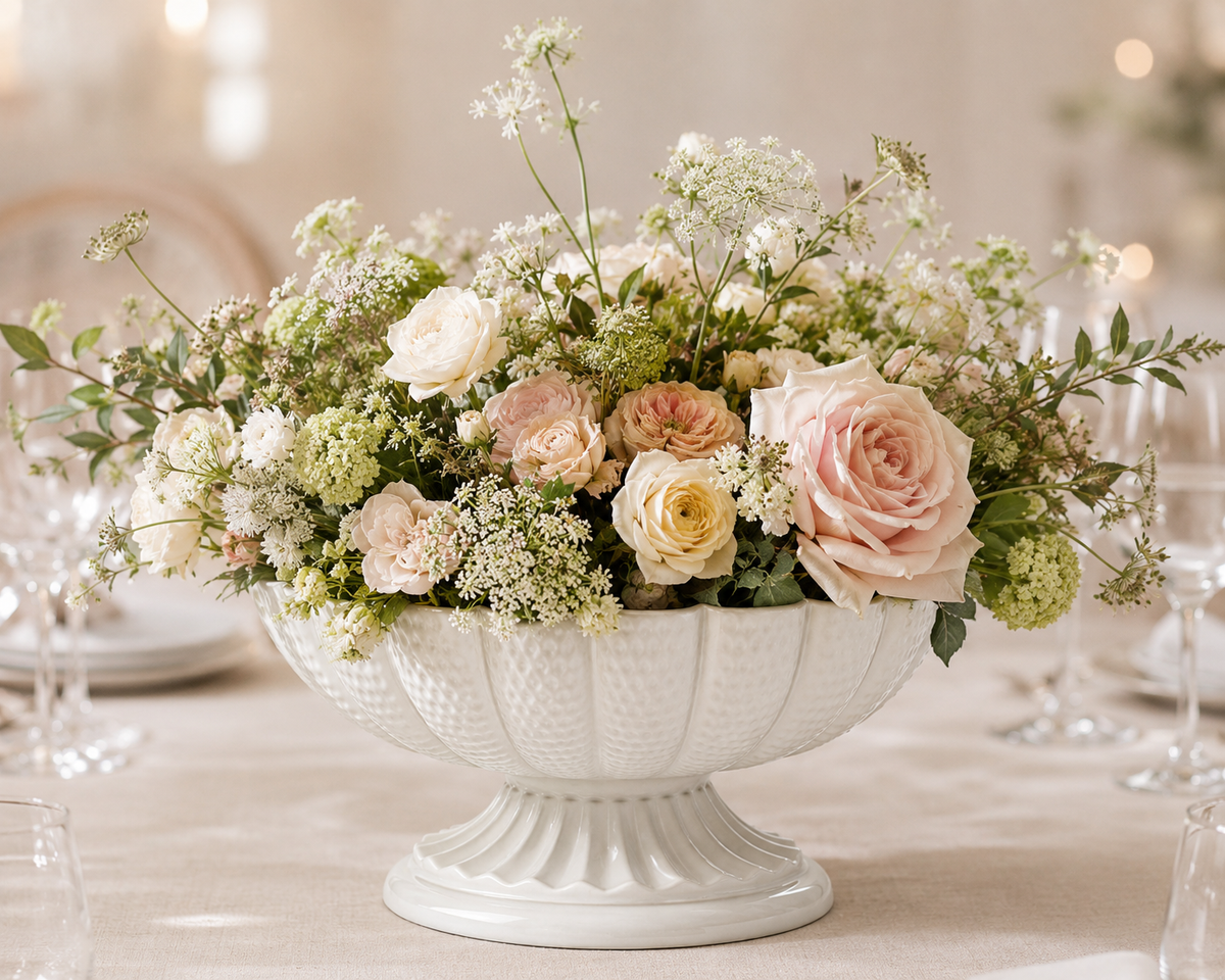 Coupe florale blanche sur pied — Centre de table élégant