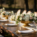 Coupes dorées fleuries sur table de banquet de mariage