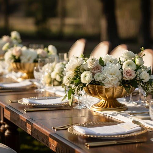 Coupes dorées fleuries sur table de banquet de mariage
